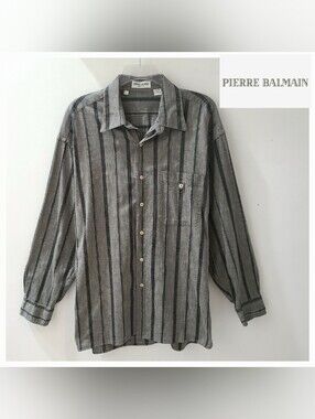 Pierre Balmain Vintage 100% Cotton Buttondown Shirt Gray & Black Stripes Sz L